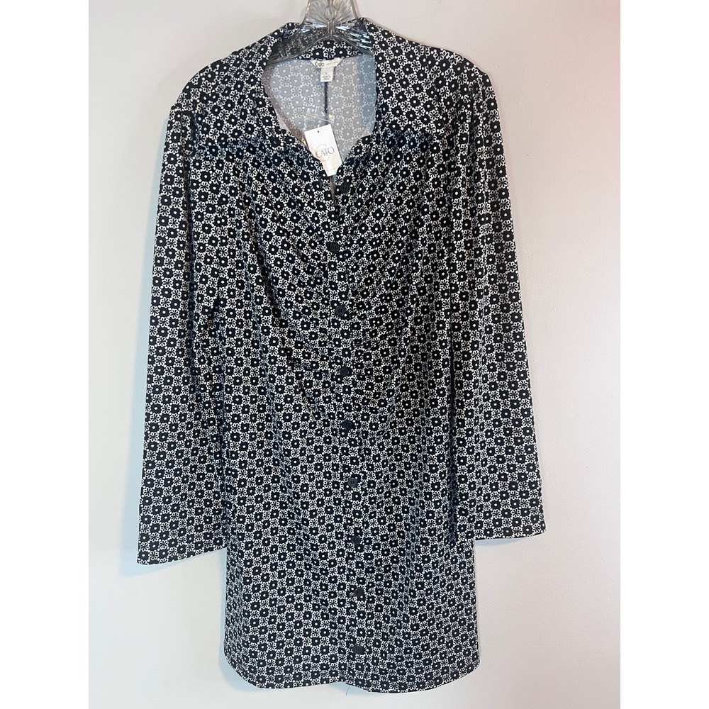Cato Womens Black White Floral Button Down Long Sleeve Shirt Dress Large NWT